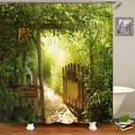 JIANGLANY Green Bamboo Forest Shower Curtain with Hooks Spring Scenery of Open Wooden Fence Walkway to Garden Bath Decor Cloth Bathroom Accessories 180x180cm (9)