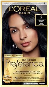 L'Oreal Paris Superior Preference 9 weeks of Luminous Fade-Defying Permanent Hair Dye, 2 Natural Black, 100% Grey Coverage, 1 Hair Dye Kit (Packaging May Vary)