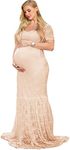 COSYOU Sexy Deep V-Neck Short Sleeve Show Shoulder Lace Dress Beach Maxi Dress Photography Dress for Photo Shoot Party Dress (XL, Beige 2)