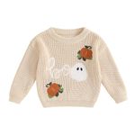 Toddler Baby Boy Girl Halloween Outfits Long Sleeve Crochet Knit Sweater Pumpkin Ghost Chunky Cable Knitted Jumper Tops (Beige, 12-18 Months)