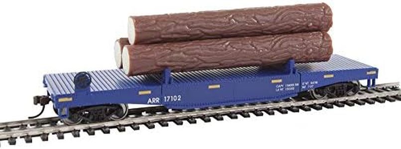 Walthers Trainline HO Scale Model Log Dump Car with 3 Logs - Ready to Run Alaska Railroad #17102 (Blue, Yellow Conspicuity Marks)