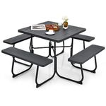 Tangkula 8 Person Picnic Table, Outdoor Square Picnic Table with 4 Built-in Benches, Umbrella Hole, Metal Frame & HDPE Tabletop, Outside Table and Bench Set for Garden, Backyard, Porch, Patio (Black)