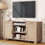 DWVO Boho TV Stand for 55 65 Inch TV, Entertainment Center with Storage, 58" Rattan TV Console, Mid Century Modern TV Cabinet with 2 Drawers, Adjustable Shelf