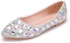 Handmade Full Rhinestone Crystal Flats Women Shoes Pointed Toe Women Plus Size Wedding Party Shoes Ballet Flats (38 M EU / 7.5 B(M) US, AB Color)