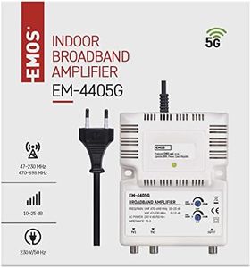 EMOS Breitband-Verstärker 25 dB (Frequenzbereich 47–230 MHz, 470–698 MHz) für DVB-T2, Kabelfernsehen oder Antennen, 1 Eingang, 2 Ausgänge, 10,5 x 13,5 x 4 cm