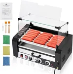 Garvee Hot Dog Roller with Warming Drawer, 7 Rollers 18 Hot Dog Capacity, 1350 Watt Stainless Steel Sausage Grill with Dual Temperature Control Removable Drip Tray and Glass Cover for Parties