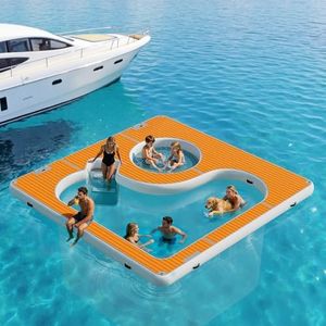 SPECRAFT 13×13FT Inflatable Sea Pool, Swimming Pool Platform with Safety Net, Modular Swim Air Dock with Electric Air Pump for Ocean Party, Dual Depth Design & Non-Slip Surface