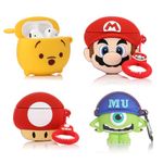 (4Pack) Case for AirPods 2nd/1st Generation(2019/2016) Earbuds, XMBYGY Silicone Case Protective Cover with Cute Cartoon Skin Design for AirPods 1/2, with Carabiner (CTMrQ+RDWN+Mario+Mushroom)