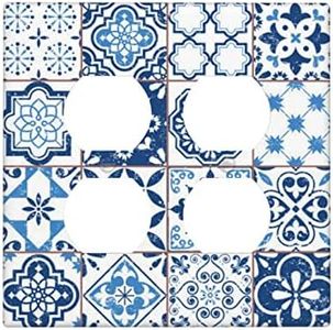 Blue Moroccan Tiles Wall Plate 2 Gang Duplex Electrical Outlet Cover Decorative 4.5" x 4.5", Screws Included, Unbreakable