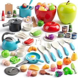 100Pcs Kitchen Playset, Kids Pretend Cooking Play Pots, Pans, Utensils, Cookware, Toy Food Fruits Veggies, with 2 Large Apple - Shaped Storage, Toddler Cooking Learning Gift (Turquoise)