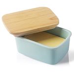 Sweejar Porcelain Butter Dish with Lid, Airtight Large Butter Keeper with Wooden Lid, Butter Container Perfect for 2 Sticks of Butter West or East Coast Butter(Turquoise)