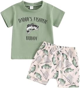 Dewadbow Toddler Fish Outfit Short Sleeve Papas Fishing Buddy T-shirt Fish Shorts 2Pcs Set Father Clothes for Baby (Green Daddys Fishing Buddy, 2-3T)