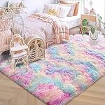 ISEAU Rainbow Rug for Girls Bedroom, 3 x 5 Feet Fluffy Area Rugs for Living Room, Ultra Kawaii Abstract Shaggy Colorful Carpet, Fuzzy Cute Unicorn Rug for Kids Girl Room Decor