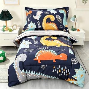 Wowelife Toddler Bedding Sets for Boys Premium 4 Piece Dinosaur Toddler Comforter Set Blue Grey Toddler Bed Set, Super Soft and Comfortable for Toddler(Dark Blue)