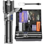 Relybo Torches LED Super Bright 1000000 Lumen, Rechargeable Torch XHM90.2 Flashlight, LED Torches Powerful Battery Powered, 2 Switches Stepless Dimming High Powered Torch Tactical, Camping Dog Walking