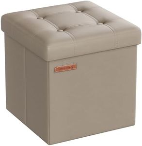 SONGMICS Puff Almacenaje de 38 cm, Banco de Almacenamiento Plegable con Tapa, Reposapiés, Cuero Sintético, Carga de 300 kg, para Entrada, Sala de Estar, Dormitorio, Marrón Camello LSF030K13