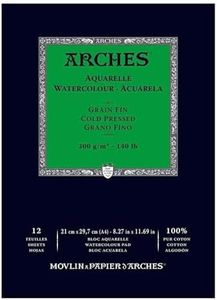 Arches Cold Pressed 300 GSM A4 Watercolour Paper Pad, Natural White, (12 Sheets)