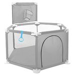 Savieva Baby Playpen - Large 6 Sides Play Pen for Babies and Toddlers with Breathable Mesh, Zipper Door, Basketball Hoop, Pull Ring, Infant Activity Center Safety Anti-Slip Play Fence Yard