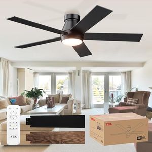 TCL 52" Ceiling Fan with Lights, Black Flush Mount Ceiling Fans, 5 Blades Low Profile Ceiling Fans, 6 Speeds DC Reversible, Dimmable, Modern Ceiling Fans for Bedroom, Living Room and Garage