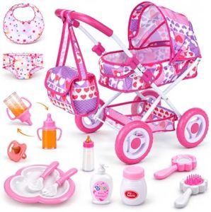 BABESIDE 10 Pcs Baby Doll Stroller Set with Doll Feeding Accessories | Pink Baby Doll Pram with Doll Accessories & Storage Bag, Fits 10–12 Inch Dolls, Pretend Play Gift for Girls Ages 3+