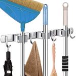 Kienlix Broom Mop Holder Wall Mount Stainless Steel Wall Mounted Storage Organizer Heavy Duty Tools Hanger For Kitchen Bathroom Closet Garage Office Garden-1Pc (3 Rack 4 Hook), Hanging Shelves