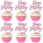 ZHUOWEISM 24 PCS Happy Birthday Cupcake Toppers Glitter Happy Birthday Cupcake Picks for Celebrating Happy Birthday Anniversary Theme Party Cake Decorations Supplies Pink