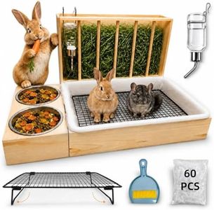 blinvcra 3 in 1 Rabbit Hay Feeder with Litter Box and 2 Bowls, Solid Wood Bunny Feeder with Adjustable Mental Hay Rack, Water Feeder, Cleaning Kit for Rabbits, Guinea Pigs, Chinchillas, Hamsters