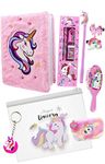 Le Delite Unicorn Fur Diary For Girls, Furry Notebook For Girls With Fur Pouch, Gel Pen, Bullet Pencil,Eraser,Sharpener,Keychain (Pack Of 9) Unicorn Combo Gift For Girls Kids (Hair Brush Combo)