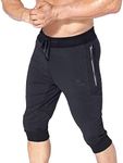 BROKIG Men's 3/4 Sidelock Gym Shorts Cotton Workout Capri Jogger Pants with Zipper Pockets (X-Large, Black)