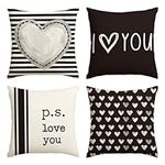 AVOIN colorlife Valentine's Day I Love You Throw Pillow Covers, 18 x 18 Inch Valentine Heart Stripes p.s. Love You Wedding Cushion Case Decoration for Sofa Couch Set of 4