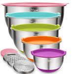 Wildone Mixing Bowls with Lids Set, 5PCS Stainless Steel Colorful Nesting Bowls with 3 Grater Attachments, Measurement Marks & Non-Slip Bottoms, Size 5, 3, 2, 1.5, 0.63 QT, Great for Mixing & Serving