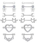 CASSIECA 6 Pairs 14G Nipple Piercing Jewellery 316L Surgical Steel Nipple Bars Nipple Bar for Women Nipple Piercing Kit Tongue Bar Butterfly Dangly Barbells Heart Flower Moon Body Piercing Barbell