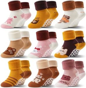 Toddlers Kids Grips Socks Warm Thermal Winter Thick Baby Boys Girls Infants Anti Slip Non Skid Ankle Crew Funny Cartoon Gift Cotton Socks with Grippers 9 Pairs Stocking Stuffers(Little Bear,1-3 T)