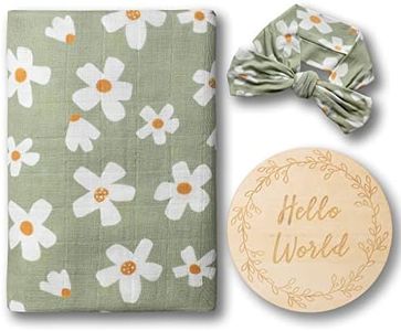 Miaoberry 100% Organic Cotton Muslin Swaddling Blanket|Boho Indie Vintage Sage Green Daisy|Hospital Receiving Blanket Baby Girl
