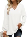 BETTE BOUTIK Womens Comfy V Neck Puff Long Sleeve Chiffon Blouse Casual Loose Shirts Tops Blouses for Work White X-Large