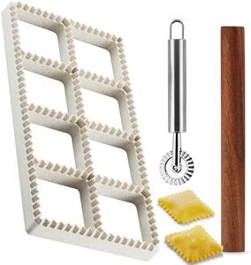 MUMSUNG Ravioli Maker Press, Ravioli Press Mold Set - Squares Ravioli Stamp Maker Cutter with Wood Rolling Pin and Ravioli Wheel, Ravioli Stamp Pasta Making Tools | Makes 8 Ravioli, 1.85"