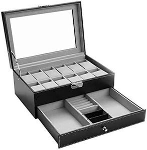 Autoark Leather 12 Watch Box with Jewelry Display Drawer Lockable Watch Case Organizer,Black,AW-001