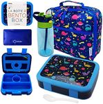 Bento Lunch Box with Bag, Water Bottle & Ice Pack Set for Kids Toddlers, 4 Portion Sections, Removable Tray, Pre-School Boy Toddler Daycare Lunches, Insulated Snack Container, Blue Space Dinosaur