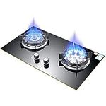 Gas Cooktop Dual Fuel Sealed 2 Burners Tempered Glass 5.2W Gas Cooktop Drop-in Gas Hob with Thermocouple Protection,Liquefied Gas