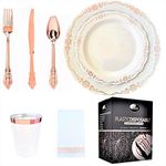 VNSG Plastic Plate Set┃175pcs for 25 Guests┃Disposable Plates┃Party Plates┃25 Dinner Plates, 25 Dessert Plates, 25 Cups (300ml), 25 Forks, 25 Spoons, 25 Knives, 25 Napkins (Vintage Rose Gold)