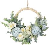 Wood Bead Floral Blue Wreath Boho Farmhouse Decor Artificial Flower Peony Hydrangea Eucalyptus Wreath for Front Door Windows Wall Hanging Room Decor 10" (Blue)