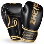 ZHENGTU Boxing Gloves Kickboxing Muay Thai Punching Bag MMA Pro Grade Sparring Training Fight Boxing Glove 10oz 12oz 14oz 16oz Give a Pair of Handwraps for Men & Women (Black&Gold, 8oz)