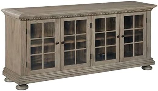 Hekman Furniture Entertainment Center Driftwood Finish, Glass Panel Doors Shelving Cabinet Mindi Veneers & Select Mindi Solids, Rustic Antique Brass Hardware Modern TV Console for Home Decor