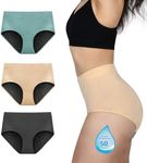 TIICHOO Womens Period Underwear Heavy Flow High Waisted Period Panties Leakproof Menstrual Underwear 3 Pack(3X-Large, Dark Grey/Turquoise Green/Beige)