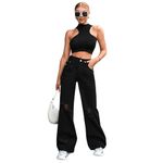 NUCOUTHS Women Wide Leg High Waist Stretchable Distress Black Jeans | Size-34 (2CUT_Black_d_34)