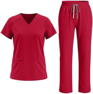 Eadflie Scrubs Set for Women - Medical Uniform Sets with V-Neck Top & Straight Leg Pants, 9 Pockets, Slim Fit,Utility strap - (Red/XS)