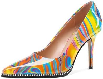 SAMMITOP Women Beaded Pumps Closed Pointed Toe High Heel Slip On Stilettos 3.5 Inch Sexy Heeled Dress Shoes Patent Leather, Multicolor Heat, 8.5