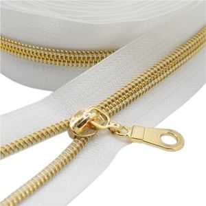 (Gold White) - YaHoGa 5 Gold Metallic Nylon Coil Zippers by The Yard Bulk White Tape 10 Yards with 25pcs Gold Sliders for DIY Sewing Tailor Craft Bag (Gold White)