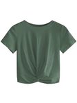 RANPHEE Womens Summer Crop Tops Green Short Sleeve Round Neck Cute Tee Twist Front Casual T-Shirts Ladies Fashion Trendy Clothes M