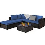 Tangkula 6 Piece Patio Furniture Set, Outdoor Deck Lawn Backyard Durable Steel Frame PE Rattan Wicker Sectional Sofa Set, Conversation Set with Coffee Table (Blue)